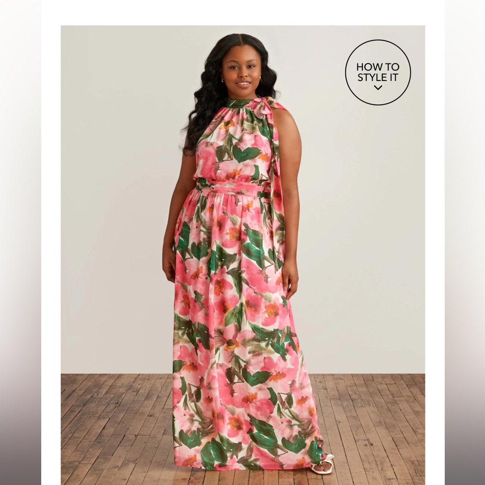 Anne Klein floral halter bow neck maxi dress
